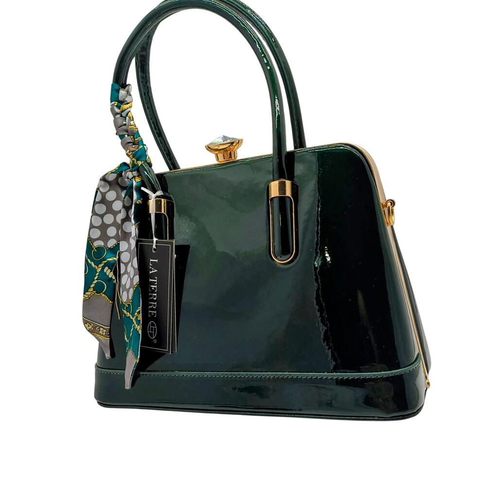 Chic Olive Green Patent Leather Vintage Shell Handbag